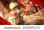 A young squire in plate armor with gold patterns and white cloth walks with a red standard through the temple, she shines with holiness in the rays of the sun, wings are formed behind. 2d anime art.