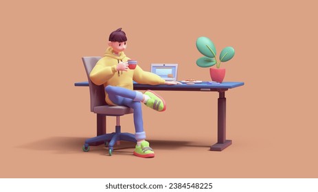 Young successful asian programmer guy in yellow hoodie, green sneakers sits cross-legged on an office chair at blue computer desk, holds red cup of coffee in hand, enjoys. 3d render on orange backdrop - Powered by Shutterstock