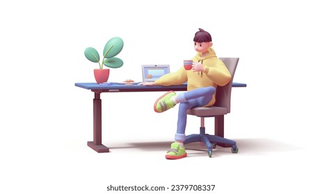 Young successful programmer guy in yellow hoodie, green sneakers sits cross-legged on an office chair at blue computer desk holds red cup of coffee in hand enjoys. 3d render isolated on white backdrop - Powered by Shutterstock