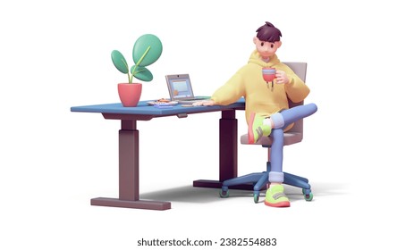 Young successful programmer guy in yellow hoodie, green sneakers sits cross-legged on an office chair at blue computer desk holds red cup of coffee in hand enjoys. 3d render isolated on white backdrop