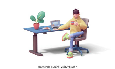 Young successful programmer guy in yellow hoodie, green sneakers sits cross-legged on an office chair at blue computer desk holds red cup of coffee in hand enjoys. 3d render isolated on white backdrop