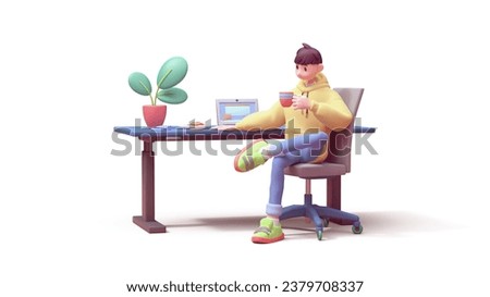 Young successful programmer guy in yellow hoodie, green sneakers sits cross-legged on an office chair at blue computer desk holds red cup of coffee in hand enjoys. 3d render isolated on white backdrop