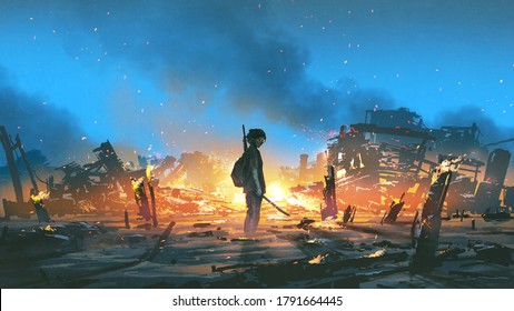 Young Survivor In The Apocalyptic World, Digital Art Style, Illustration Painting