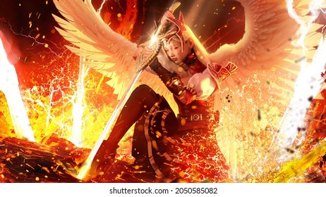 A young sweet girl angel with white wings prays on her knees holding a holy sword in her hands in the middle of hell calling for light spears from heaven that will dig into the lava earth 3d rendering