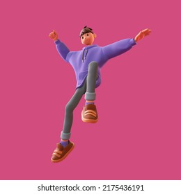 Young tall cute excited funny smiling сasual asian active brunette guy wears fashion clothes blue hoodie, gray jeans, brown sneakers jump up in air have fun, rejoice, joy. 3d render on pink backdrop. - Powered by Shutterstock