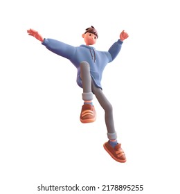 Young tall cute excited funny smiling сasual asian active guy wears fashion clothes blue hoodie, gray jeans, brown sneakers jump up in air have fun, rejoice, joy. 3d render isolated on white backdrop. - Powered by Shutterstock