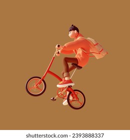 Young tall cute excited funny smiling сasual asian active guy wears fashion clothes red hoodie, brown jeans, sneakers, yellow backpack rides bicycle up floats in air have fun, rejoice, joy. 3d render. - Powered by Shutterstock