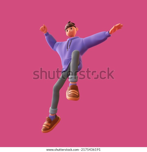 Young tall cute excited funny smiling сasual\
asian active brunette guy wears fashion clothes blue hoodie, gray\
jeans, brown sneakers jump up in air have fun, rejoice, joy. 3d\
render on pink\
backdrop.