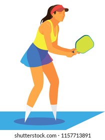 Young Tall Slender Girl Is A Player In The Pickleball On The Sports Field