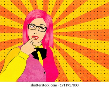 Young thoughtful woman in eyeglasses, retro pop art style textured illustration.