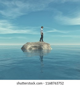Young thoughtfully in the middle of the ocean. This is a 3d render illustration