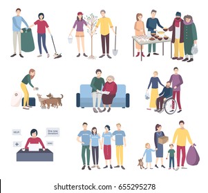 Young volunteers set. Flat illustration collection. Help the homeless, scavengery, helping to disabled and elderly people, animals, tree planting. Volunteering concept - Powered by Shutterstock