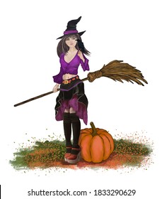 Young Witch, Dressed In A Sexy Way, Holding A Broom, Talks To A Black Crow, Near A Pumpkin. Pin Up Painting