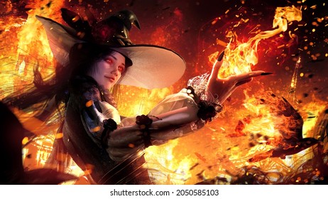 A young witch girl in a pointed hat summons a terrible fire with her magic, she holds the fire in her palms, her eyes burn with a creepy demonic red light, night scene 3d rendering