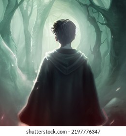 Young wizard walking towards his destiny and in a sinister atmosphere
