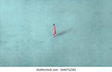 Young woman alone in blue space, surreal painting