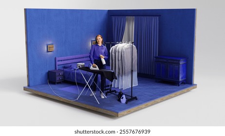 Young woman in blue-themed bedroom ironing clothes on rack. 3D model of blue bedroom. Concept of occupation, hotel staff, cleaning service, housekeeping - Powered by Shutterstock