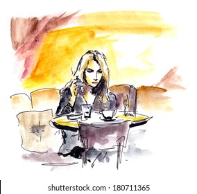 Young Woman In Cafe Sitting At Table With Coffee Cup - Scrabble Ink-watercolor Sketch