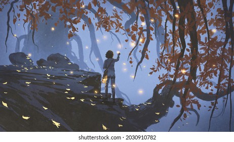 young woman collecting the glowing leaves that falling from the trees, digital art style, illustration painting