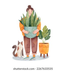 A young woman in comfy clothes holding pot and houseplant  A cat sitting besides her  Indoor gardening hobby  Watercolor illustration   