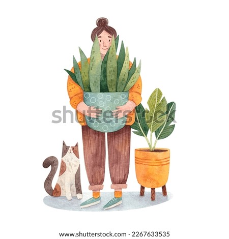 A young woman in comfy clothes holding a pot with a houseplant. A cat sitting besides her. Indoor gardening hobby. Watercolor illustration.  