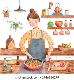A young woman cooking vegetables in the kitchen. Smiling happy woman preparing vegetarian food at home. Watercolor illustration.