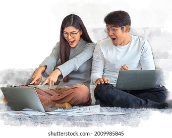 Young woman delighted point finger at laptop screen is surprise news of jackpot winner. Couple sit together excited about online lottery. Abstract art of lucky family winning casino amazing prize. - Powered by Shutterstock