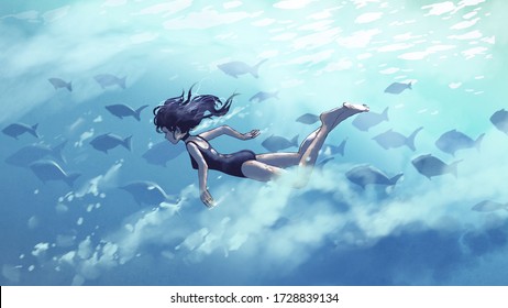 Young Woman Diving With A School Of Fish In The Sea, Digital Art Style, Illustration Painting