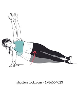 Young Woman Doing Core Exercise - Side Plank Hip Dips With Arm Extended Up - Colour Series
