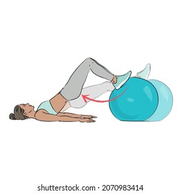 Young Woman Doing Exercise - Swiss Ball Hamstring Curl Roll Outs - Workout Series Isolated On White Background
