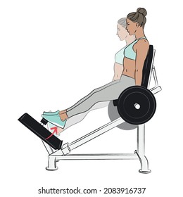 young woman doing exercise using gym equipment - leg press machine calf raises - workout series isolated on white background