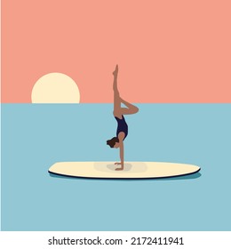 Young woman doing yoga on a sup board. Female character in swimsuit on a surfboard. Scene of summer vacation or vacation at sea. - Powered by Shutterstock