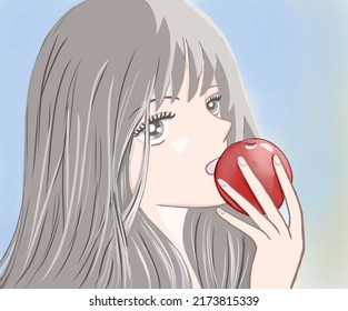 Young Woman Eating Red Apple