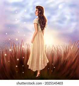 A Young Woman Enjoys A Beautiful Sunset In A Field. A Beautiful Girl In A Summer Sundress Is Watching Fireflies.  Beautiful Summer Sunset In The Field. Illustration.