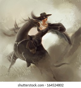 Young Woman Equestrian Reared on the Black Horse, digital painting 