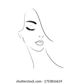 Young woman face with long eyelashes and ear.Beautiful girl face isolated on a white background.Stock illustration.Glamour fashion beauty woman face illustration.