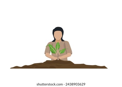 young woman gardener, planting tree in garden, gardening and watering plants. Eco earth day. Woman holding young seedling plant in hands on green background to plant on soil. - Powered by Shutterstock