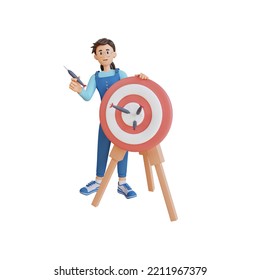 Young Woman Holding A Dart With Target Board 3D Character Illustration