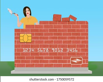 A Young Woman Holds A Trowel And Mortar As She Rebuilds A Brick Credit Card Outdoors. The Theme Is Rebuilding Or Repairing Your Credit Rating.
