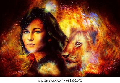 Young woman and lion cub in cosmic space. Crackle effect.