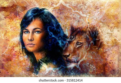Young woman and lion cub. Woman Portrait with long dark hair and blue eye, color painting with oriental ornamental mandala. eye contact.