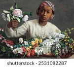 Young Woman with Peonies (1870) by Frederic Bazille. Woman portrait illustration with peony flowers. Vintage woman art drawing illustration, woman lady female flower portrait old painting art print.