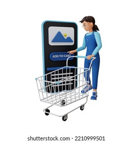 Young Woman Pushing Trolley 3d Cartoon Character Illustration