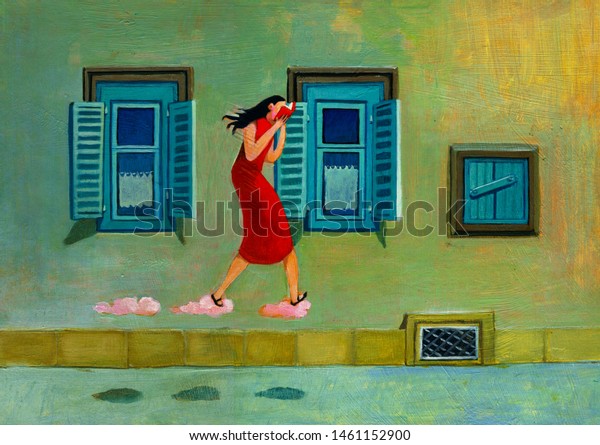 young woman reading a a\
book and walking on the clouds a quiet street of city at sunset\
surreal painting 
