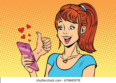 Young woman reading smartphone online like, love and support. Pop art retro  illustration