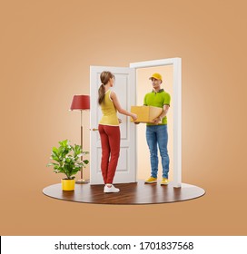 Young woman receiving cardboard box from delivery service courier at the door. 3d illustration Delivery and post concept. - Powered by Shutterstock