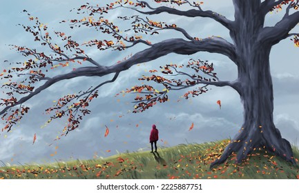 Young woman in red jacket standing on meadow with large autumn tree, falling leaves and cloudy sky. Digital painting, landscape background - Powered by Shutterstock