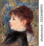 Young Woman with Rose (Jeune fille Ã la rose) (1877) by Pierre-Auguste Renoir. Vintage aesthetic woman portrait. Vintage woman art drawing illustration, female portrait sketch, old painting art print.