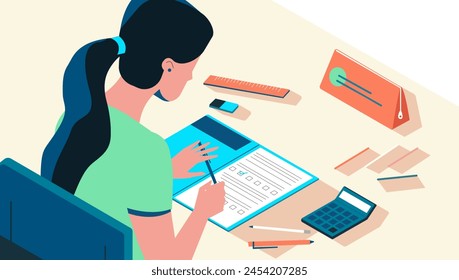 A young woman secretary working in office workflow process administrative administration business administration illustrated by a vector, Creative tech workspace. - Powered by Shutterstock