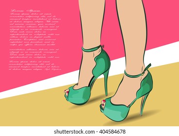 Young woman shopping for fashion shoes. Hand draw illustration with inscription. 